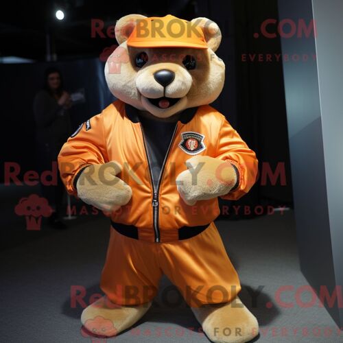 Costume De Mascotte Redbrokoly De Loutre Orange Habillé D Un Blouson Aviateur Et De Gants
