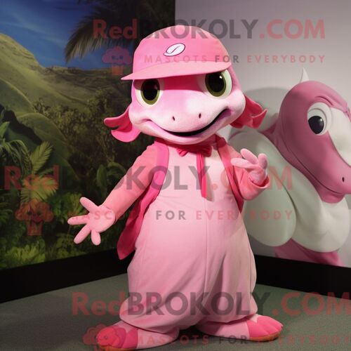 Costume Mascotte Redbrokoly De Geckos Roses Habillé Avec Une Jupe Longue Et Des Casquettes