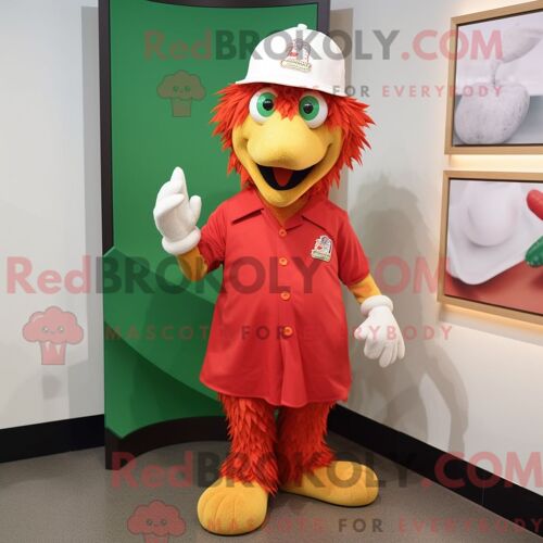 Personnage De Costume De Mascotte Redbrokoly De Poulet Au Parmesan Aux Olives Habillé D Un T-Shirt Polo Et D Épingles À Chapeau
