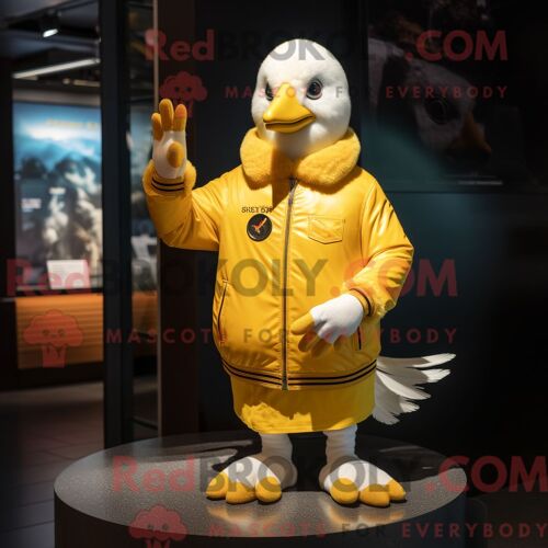 Costume Mascotte Redbrokoly De Mouette Dorée Habillé D Un Blouson Aviateur Et De Mitaines