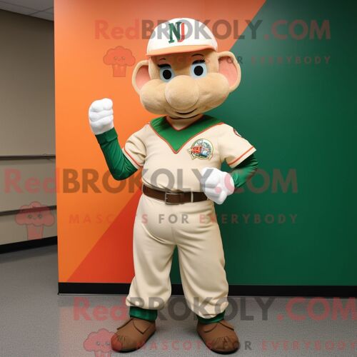 Costume De Mascotte Redbrokoly Du Drapeau Irlandais Beige Personnage Habillé Avec Un T-Shirt De Baseball Et Des Ceintures