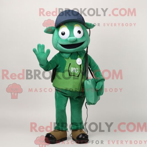 Personnage De Costume De Mascotte Redbrokoly De Téléphone Vert Forêt Habillé Avec Une Salopette Et Des Portefeuilles