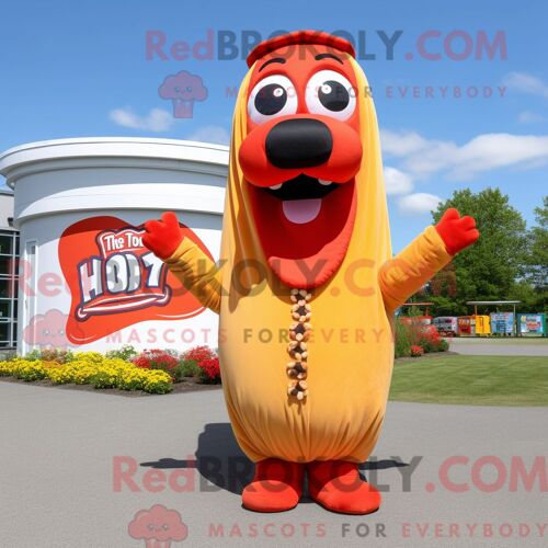 Costume De Mascotte Redbrokoly De Hot Dog Personnage Habillé D Un Gilet Et D Anneaux