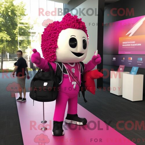 Personnage De Costume De Mascotte Redbrokoly Magenta Pop Corn Habillé Avec Un Costume Et Des Sacs À Dos