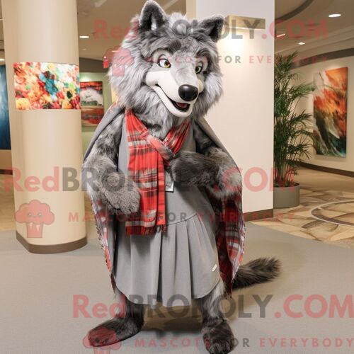 Costume Mascotte Redbrokoly De Loup Gris Habillé Avec Une Robe Et Des Foulards