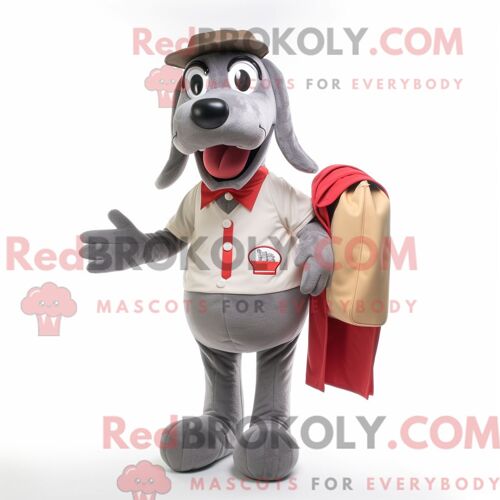 Costume De Mascotte Redbrokoly De Hot Dog Gris Personnage Habillé D Une Chemise Oxford Et De Coussinets De Pieds
