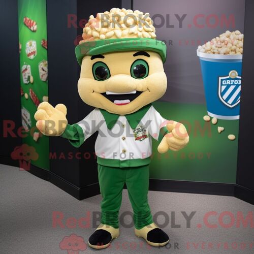 Personnage De Costume De Mascotte Redbrokoly Pop Corn Vert Habillé Avec Un T-Shirt De Baseball Et Des Pochettes De Costume