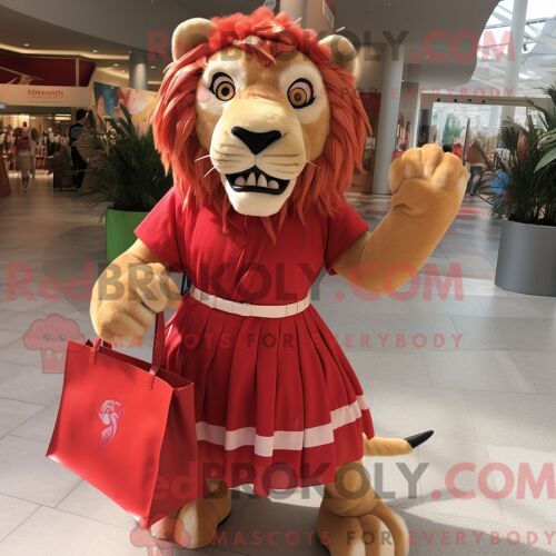 Costume Mascotte Redbrokoly De Smilodon Rouge Habillé D Une Jupe Plissée Et De Sacs À Main