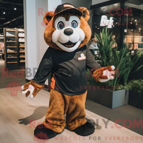 Personnage De Costume De Mascotte Redbrokoly D Ours À Lunettes Rouille Habillé D Un Pantalon De Jogging Et De Lacets De Chaussures