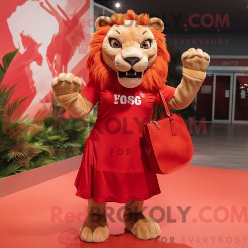 Costume Mascotte Redbrokoly De Smilodon Rouge Habillé D Une Jupe Plissée Et De Sacs À Main