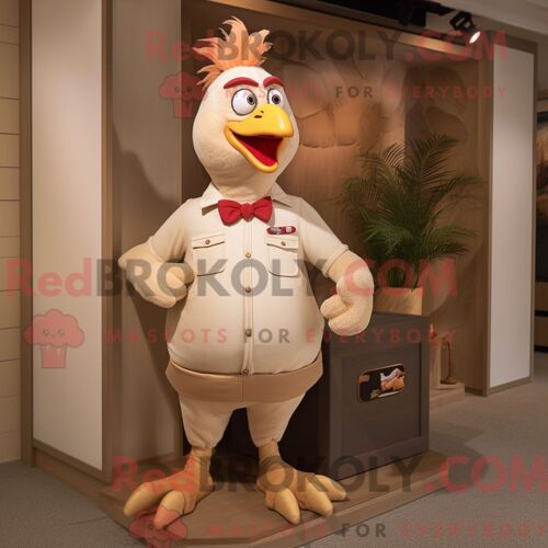 Costume De Mascotte Redbrokoly De Coq Beige Habillé D Un T-Shirt Henley Et De Pinces À Chaussures