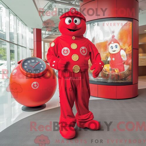 Personnage De Costume De Mascotte Redbrokoly De Montre-Bracelet Rouge Habillé D Une Combinaison Et D Un Porte-Monnaie