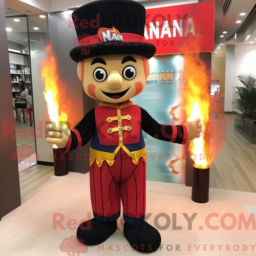 Costume De Mascotte Redbrokoly De Cracheur De Feu Habillé D Un Pantalon En Velours Côtelé Et D Épingles À Chapeau
