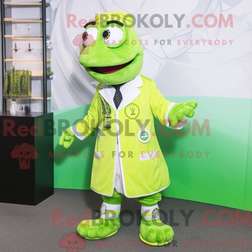 Mascotte Redbrokoly De Docteur Vert Citron Personnage Habillé Avec Un Gilet Et Des Bracelets