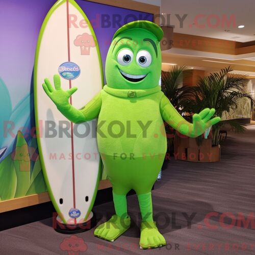 Personnage De Costume De Mascotte Redbrokoly De Planche De Surf Vert Citron Habillé D Une Salopette Et De Montres-Bracelets