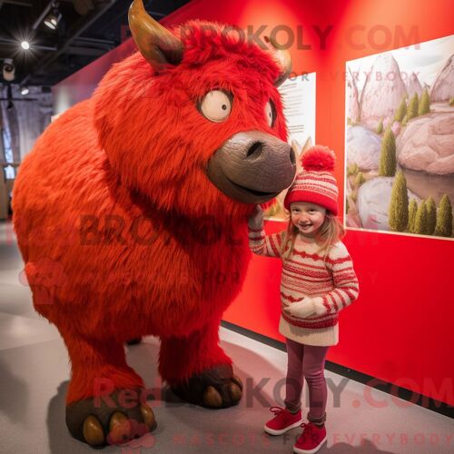Costume De Mascotte Redbrokoly De Rhinocéros Laineux Rouge Habillé D Une Mini-Jupe Et De Bonnets