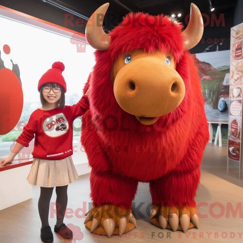 Costume De Mascotte Redbrokoly De Rhinocéros Laineux Rouge Habillé D Une Mini-Jupe Et De Bonnets