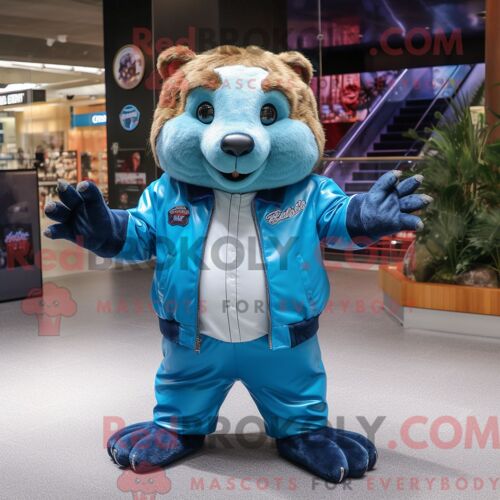 Costume De Mascotte Redbrokoly De Castor Bleu Ciel Personnage Habillé D Une Veste En Cuir Et De Coussinets De Pieds