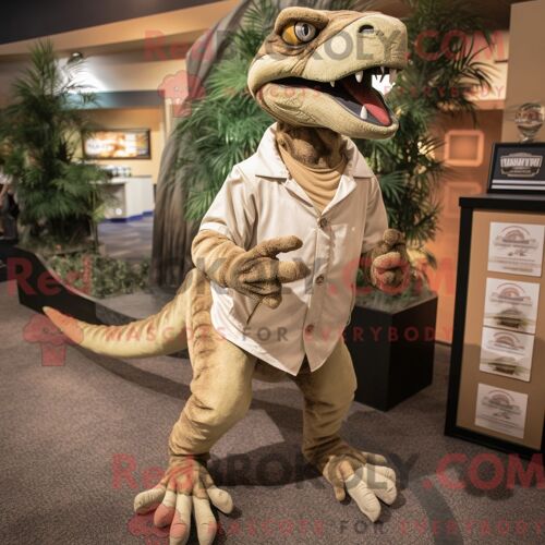 Costume De Mascotte Redbrokoly Tan Utahraptor Habillé D Un Pantalon De Jogging Et D Un Porte-Monnaie