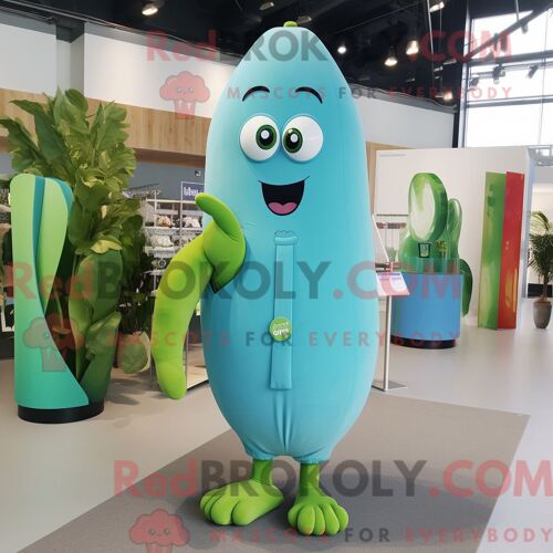 Personnage De Costume De Mascotte Redbrokoly De Haricot Vert Bleu Ciel Habillé D Une Robe Trapèze Et D Épinglettes