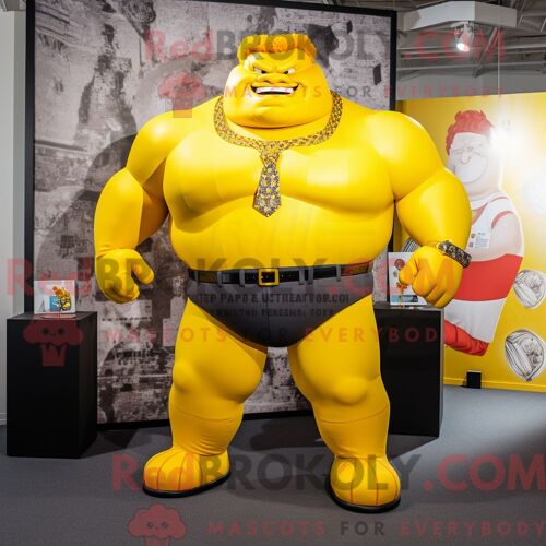 Costume De Mascotte Redbrokoly De Strongman Jaune Personnage Habillé Avec Un Pantalon De Costume Et Des Colliers