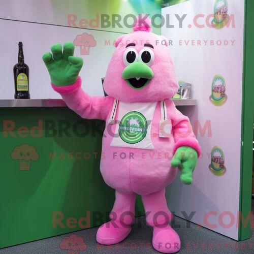 Personnage De Costume De Mascotte Redbrokoly De Bière Verte Rose Habillé Avec Une Combishort Et Des Gants
