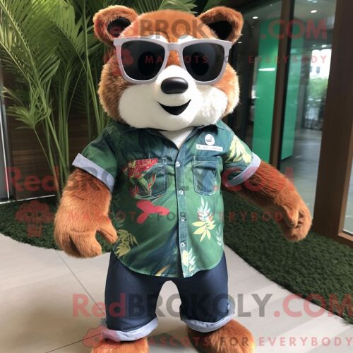 Costume De Mascotte Redbrokoly De Panda Roux Vert Forêt Habillé D Une Chemise En Chambray Et De Lunettes De Soleil