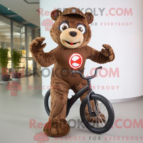 Personnage Mascotte Redbrokoly De Monocycliste Marron Habillé Avec Un Short Et Des Mitaines