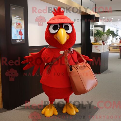 Personnage De Costume De Mascotte Redbrokoly De Canari Rouge Habillé D Une Robe Portefeuille Et De Sacs Messager
