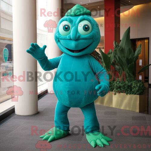 Costume Mascotte Redbrokoly D Épinards Turquoise Personnage Habillé Avec Un Col Roulé Et Des Broches