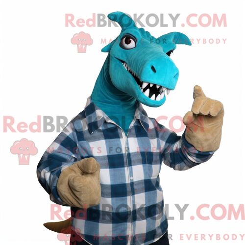 Costume De Mascotte Redbrokoly De Parasaurolophus Turquoise Personnage Habillé D Une Chemise En Flanelle Et De Gants