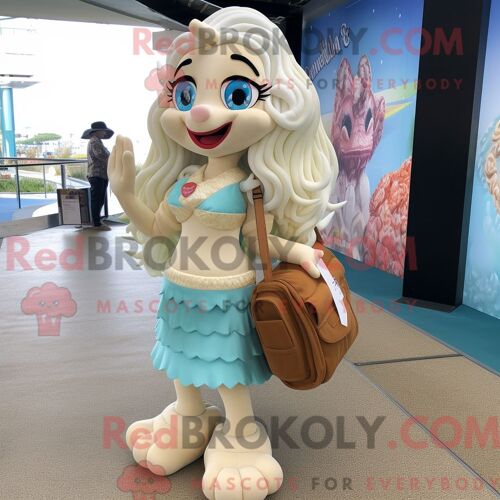 Personnage De Costume De Mascotte Redbrokoly De Sirène Crème Habillé Avec Un Pantalon Capri Et Des Sacs À Main