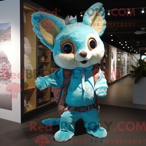 Costume De Mascotte Redbrokoly D Écureuil Volant Turquoise Habillé D Une Combishort Et De Sacs À Dos