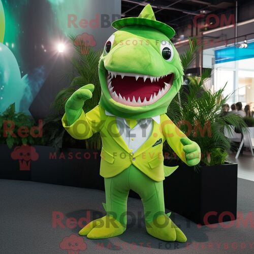 Costume De Mascotte Redbrokoly De Requin Vert Citron Personnage Habillé Avec Une Jupe-Culotte Et Des Boutons De Manchette
