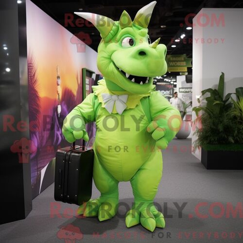 Costume Mascotte Redbrokoly De Triceratops Vert Citron Personnage Habillé Avec Une Combinaison Et Des Porte-Documents