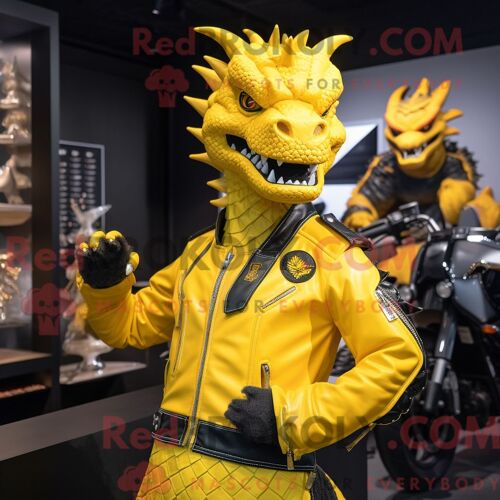 Costume De Mascotte Redbrokoly De Dragon Jaune Habillé D Une Veste De Moto Et D Épinglettes