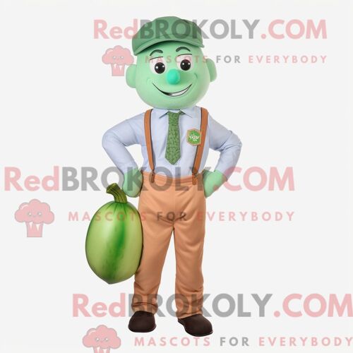 Personnage De Costume De Mascotte Redbrokoly De Haricot Vert Pêche Habillé Avec Une Chemise Oxford Et Des Bretelles
