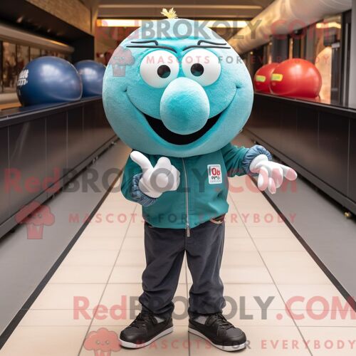 Costume Mascotte Redbrokoly De Boule De Pétanque Bleu Sarcelle Habillé Avec Un Jean Skinny Et Des Gants