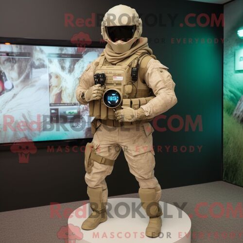 Personnage De Costume De Mascotte Redbrokoly Tan Marine Recon Habillé Avec Un Jogging Et Des Montres Numériques