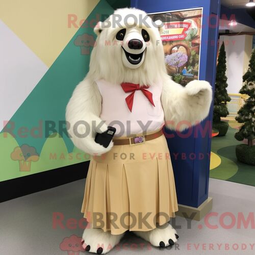 Costume De Mascotte Redbrokoly D Ours Paresseux Crème Personnage Habillé Avec Une Jupe Et Des Pochettes