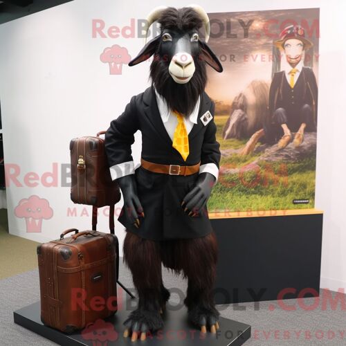 Costume Mascotte Redbrokoly De Chèvre Boer Noire Personnage Habillé D Un Blazer Et De Sacs Messager
