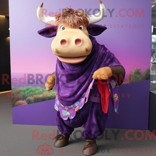 Costume De Mascotte Redbrokoly De Taureau Violet Personnage Habillé Avec Une Jupe Et Des Clips D Écharpe