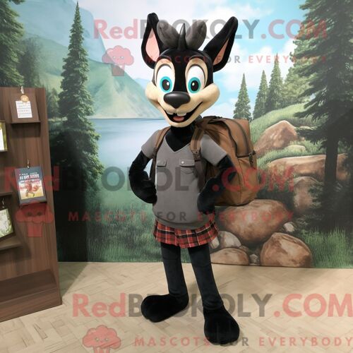 Costume Mascotte Redbrokoly De Gazelle Noire Personnage Habillé Avec Une Chemise En Flanelle Et Des Sacs À Dos
