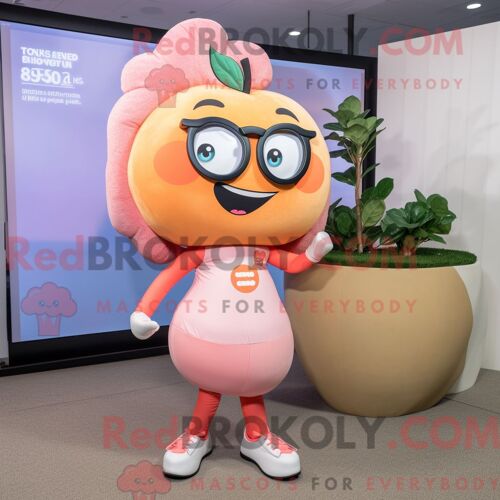 Personnage De Costume De Mascotte Redbrokoly De Peach But Habillé Avec Un Pantalon De Yoga Et Des Lunettes