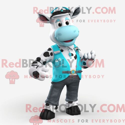 Costume De Mascotte Redbrokoly De Vache Holstein Cyan Habillé D Un Gilet Et De Montres Intelligentes