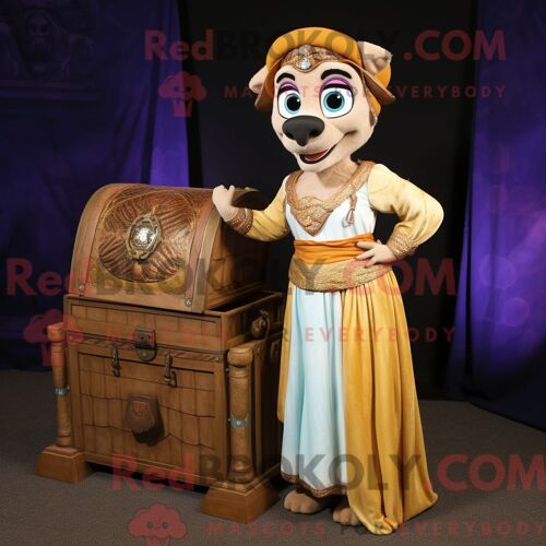 Costume De Mascotte Redbrokoly De Coffre Au Trésor Beige Habillé D Une Robe Taille Empire Et De Châles