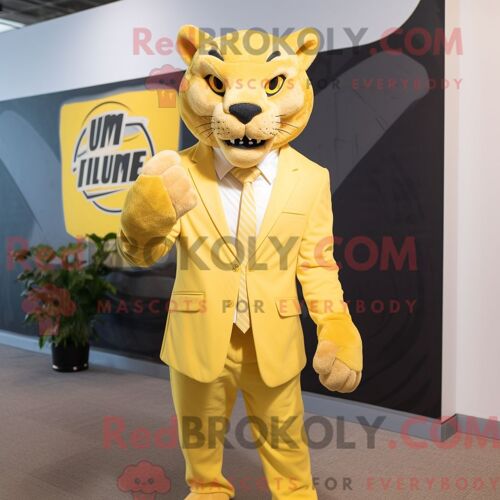 Costume Mascotte Redbrokoly Puma Jaune Citron Habillé D Un Blazer Et De Ceintures De Smoking