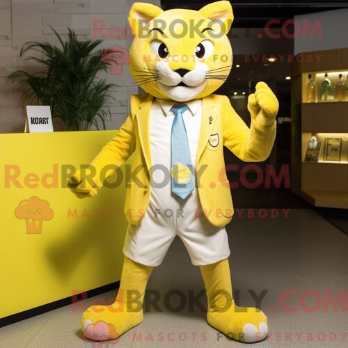 Costume Mascotte Redbrokoly Puma Jaune Citron Habillé D Un Blazer Et De Ceintures De Smoking