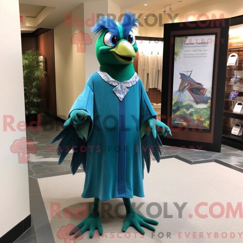 Costume De Mascotte Redbrokoly De Geai Bleu Vert Personnage Habillé D Une Robe Taille Empire Et De Pochettes De Costume