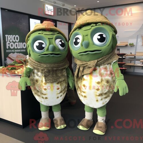 Personnage De Costume De Mascotte Redbrokoly De Tacos De Poisson Olive Habillé Avec Un Pull Et Des Boucles D Oreilles
